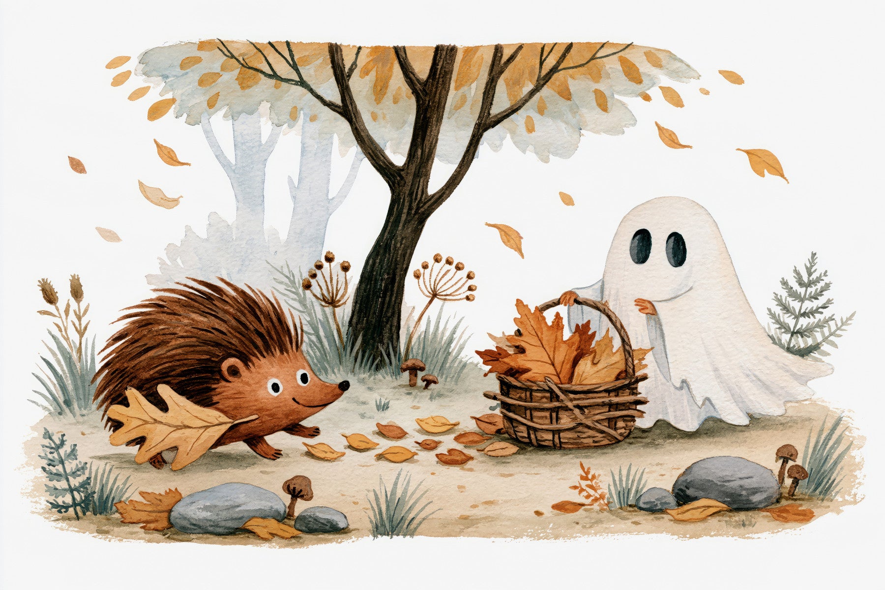Little Ghost and Hedgehog Gather Fall Leaves Wall Mural
