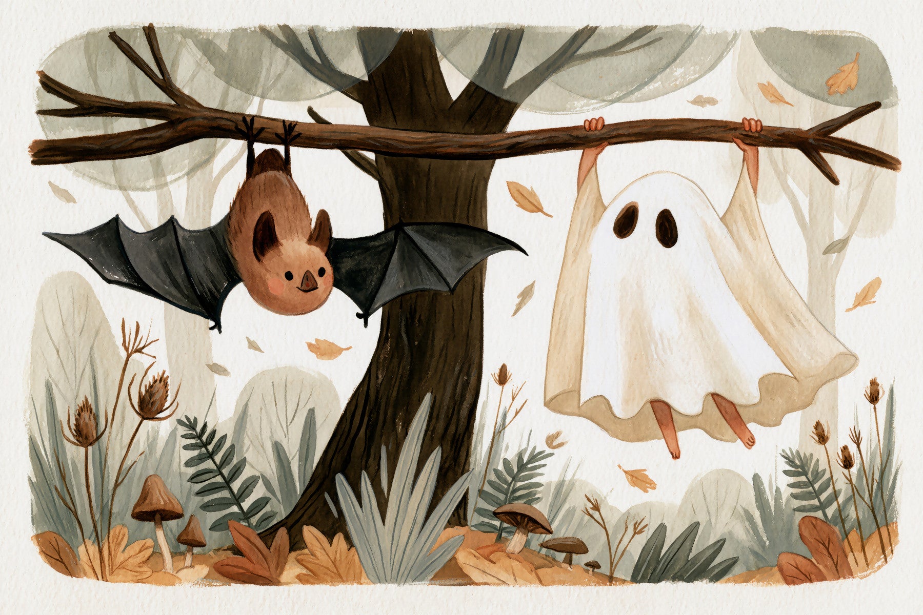 Little Ghost and Bat in Scandinavian Woodland Wall Mural