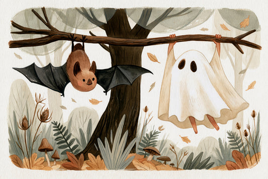 Little Ghost and Bat in Scandinavian Woodland Wall Mural