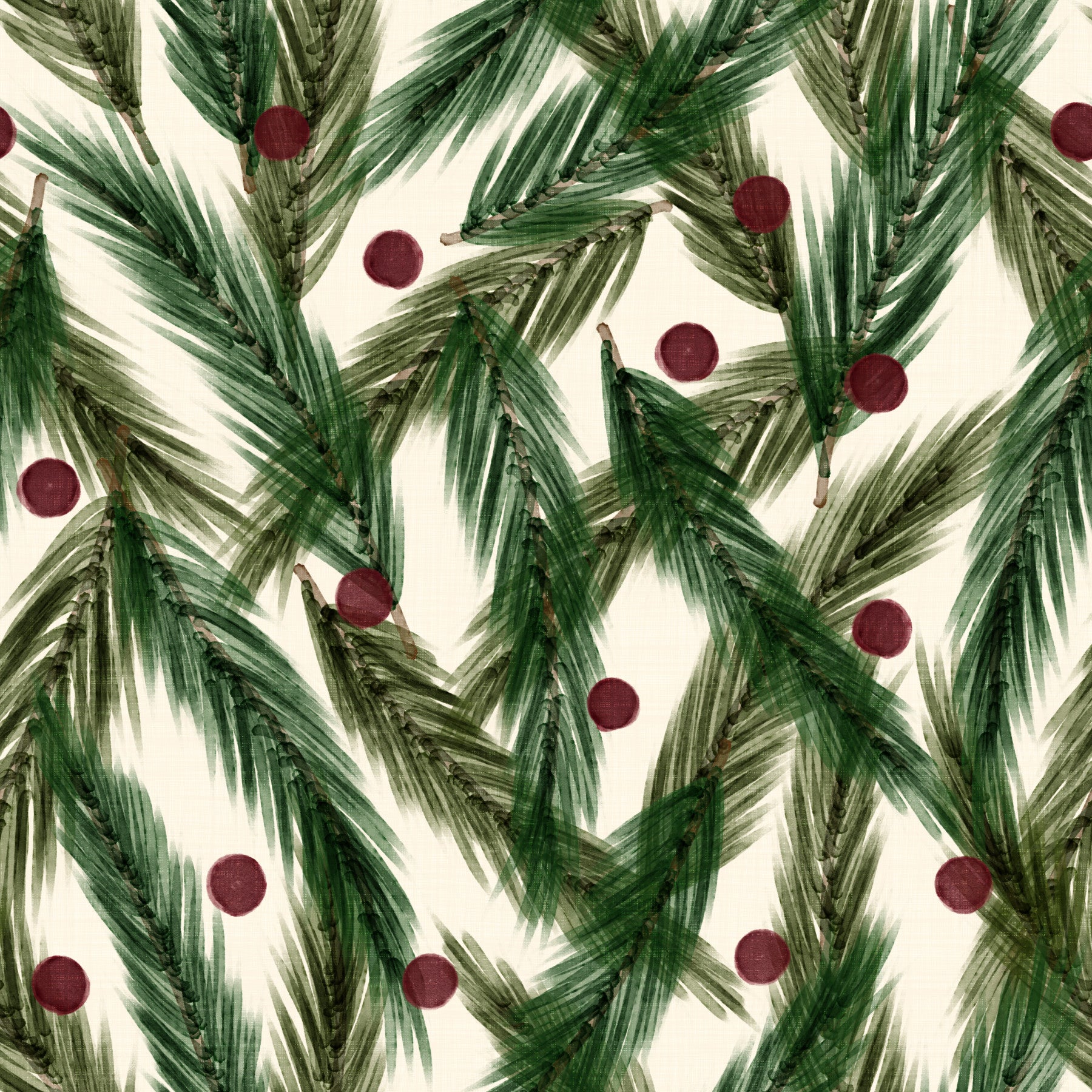 Aquarell-Weihnachtstannennadeln und rote Beeren – festliches Muster-Tapetenmotiv