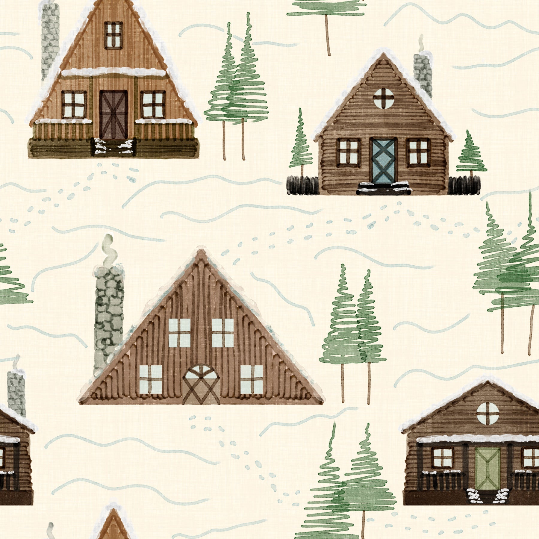Tapetenmuster „Kleine verschneite Berghüttensiedlung im Cabincore-Winterstil“