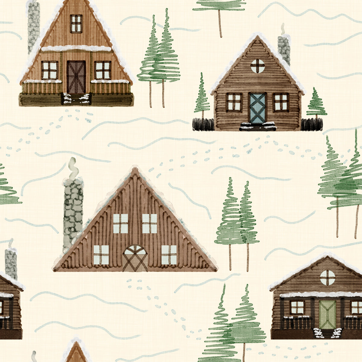 Tapetenmuster „Kleine verschneite Berghüttensiedlung im Cabincore-Winterstil“ in your room