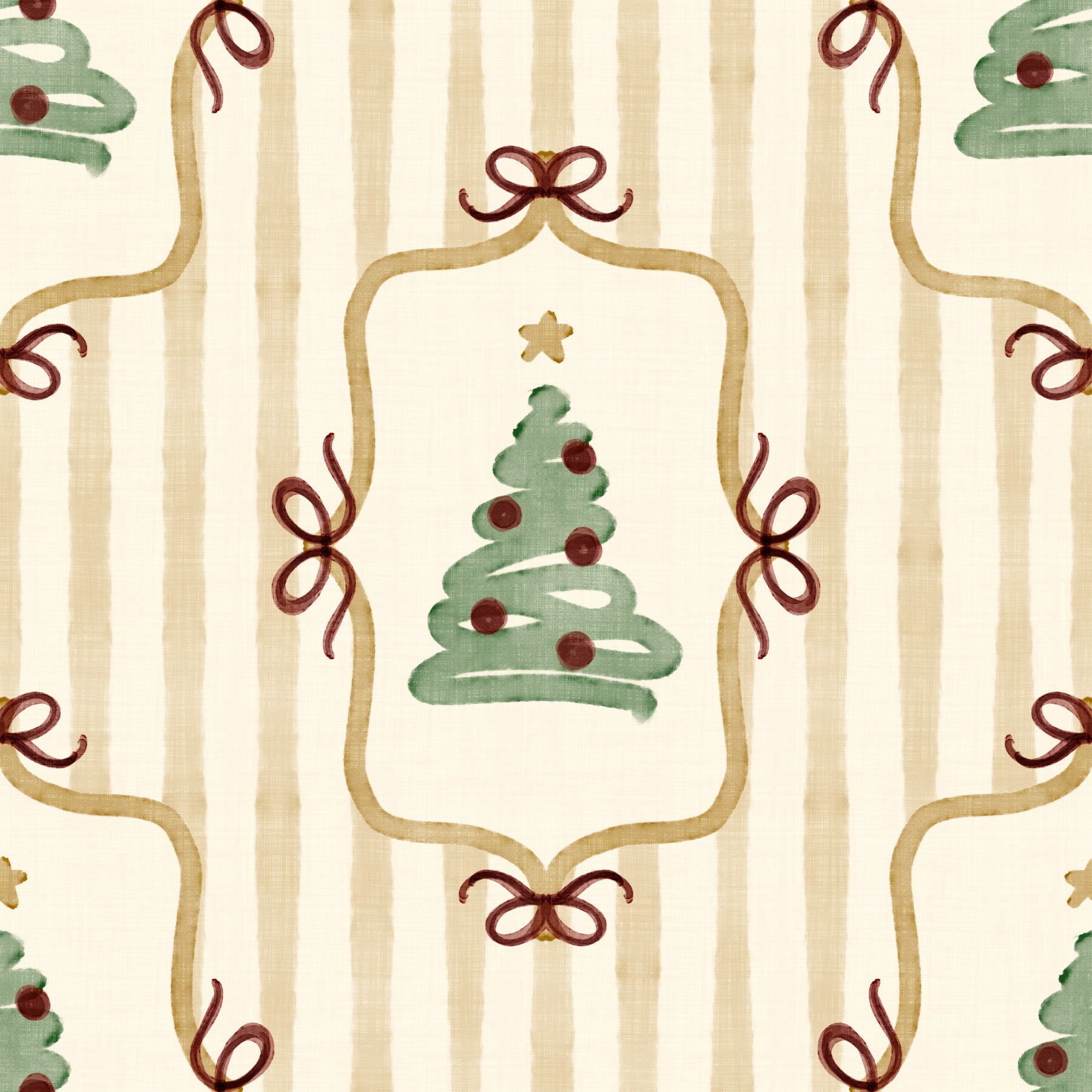 Papier peint à rayures de rubans et de nœuds de sapin de Noël preppy - Jaune or antique