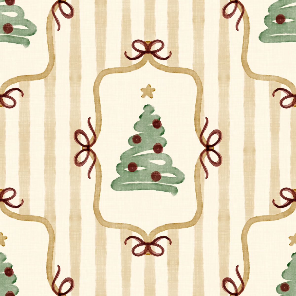 Papier peint à rayures de rubans et de nœuds de sapin de Noël preppy - Jaune or antique in your room — zoomed