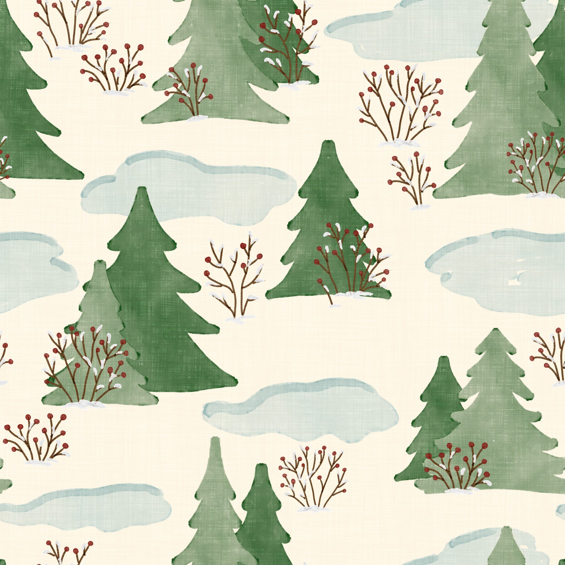 Tapete mit Muster aus verschneiten Winterwald-Kiefern und Beeren⁠
