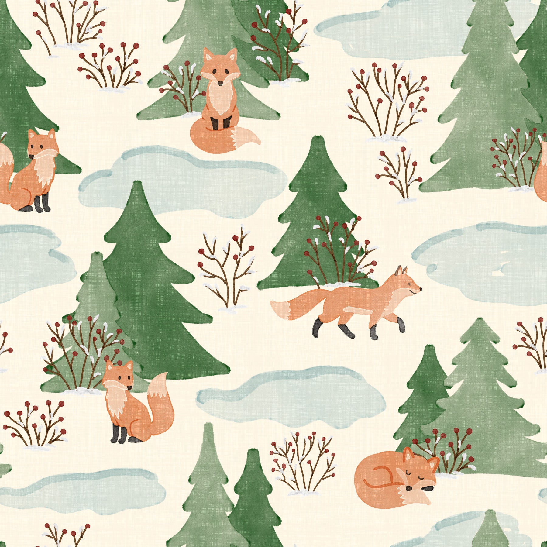 Aquarell-Weihnachtsfuchs und Kiefern - festliche Muster-Tapete