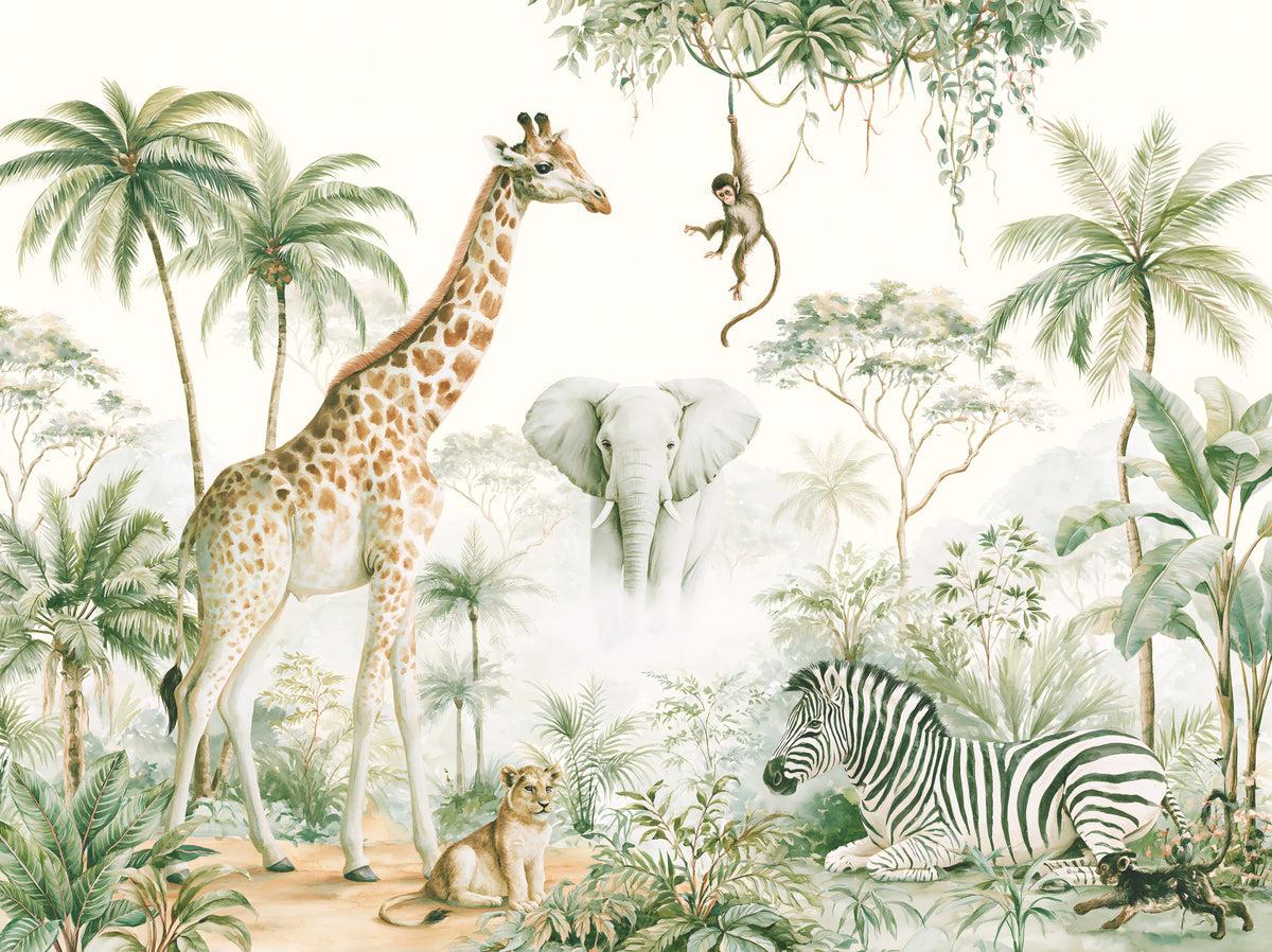 Vægmaleri med eksotiske safaridyr og tropiske palmer in your room