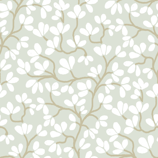 Papier peint panoramique avec rameau floral dessiné à la main, vert sauge doux et blanc