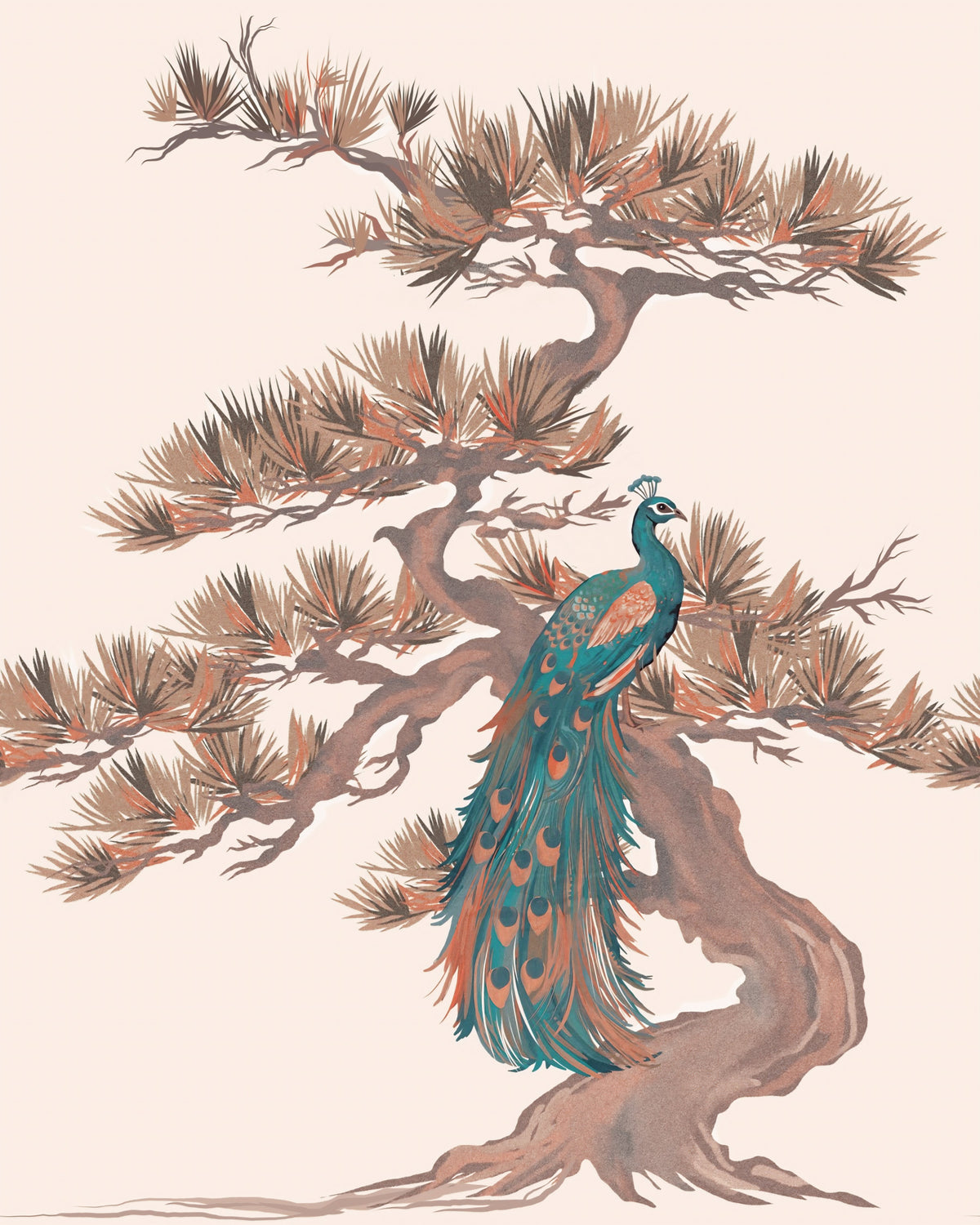 Mural de pared con motivo chinoiserie de pinos y aves in your room