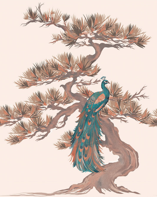 Mural de pared con motivo chinoiserie de pinos y aves