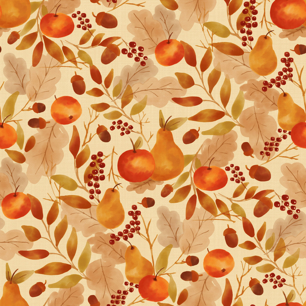 Watercolor Autumn Fruit Leaves Cream Background Harvest Pattern Wallpaper⁠ in your room