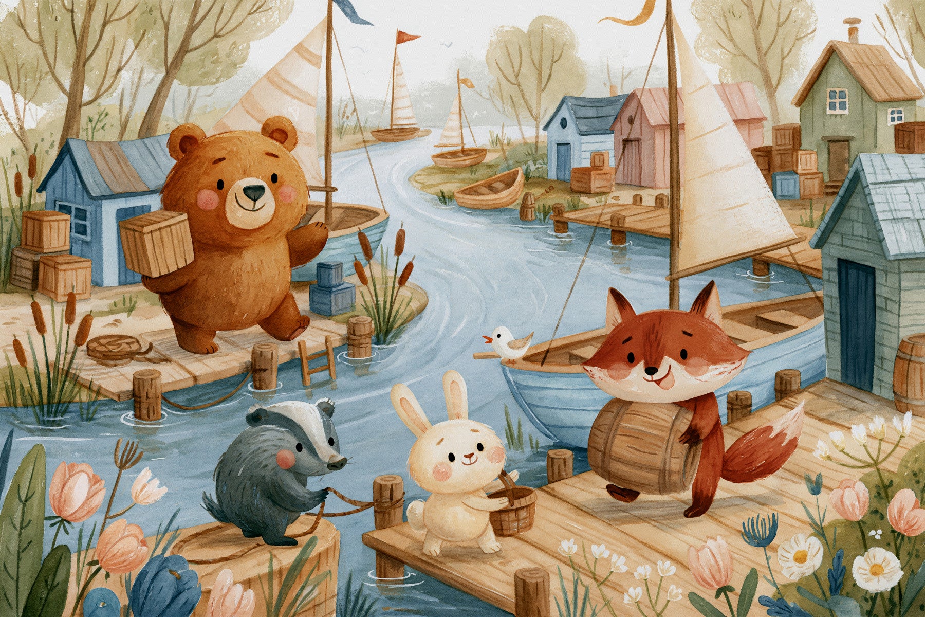Friendly Woodland Friends at the Docks Wall Mural