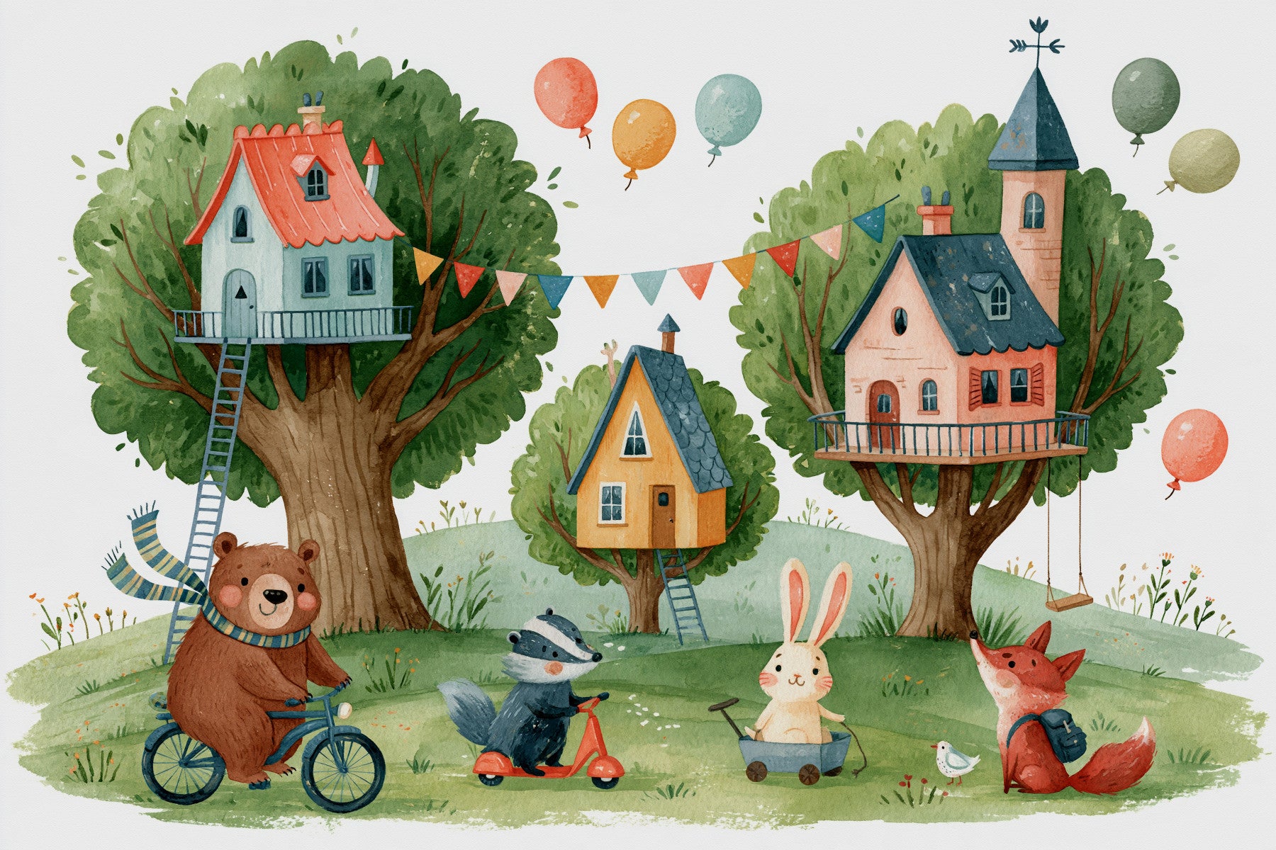 Woodland Friends Treehouse Village Wall Mural