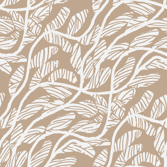 Papel tapiz de arte lineal de follaje abstracto en blanco y beige