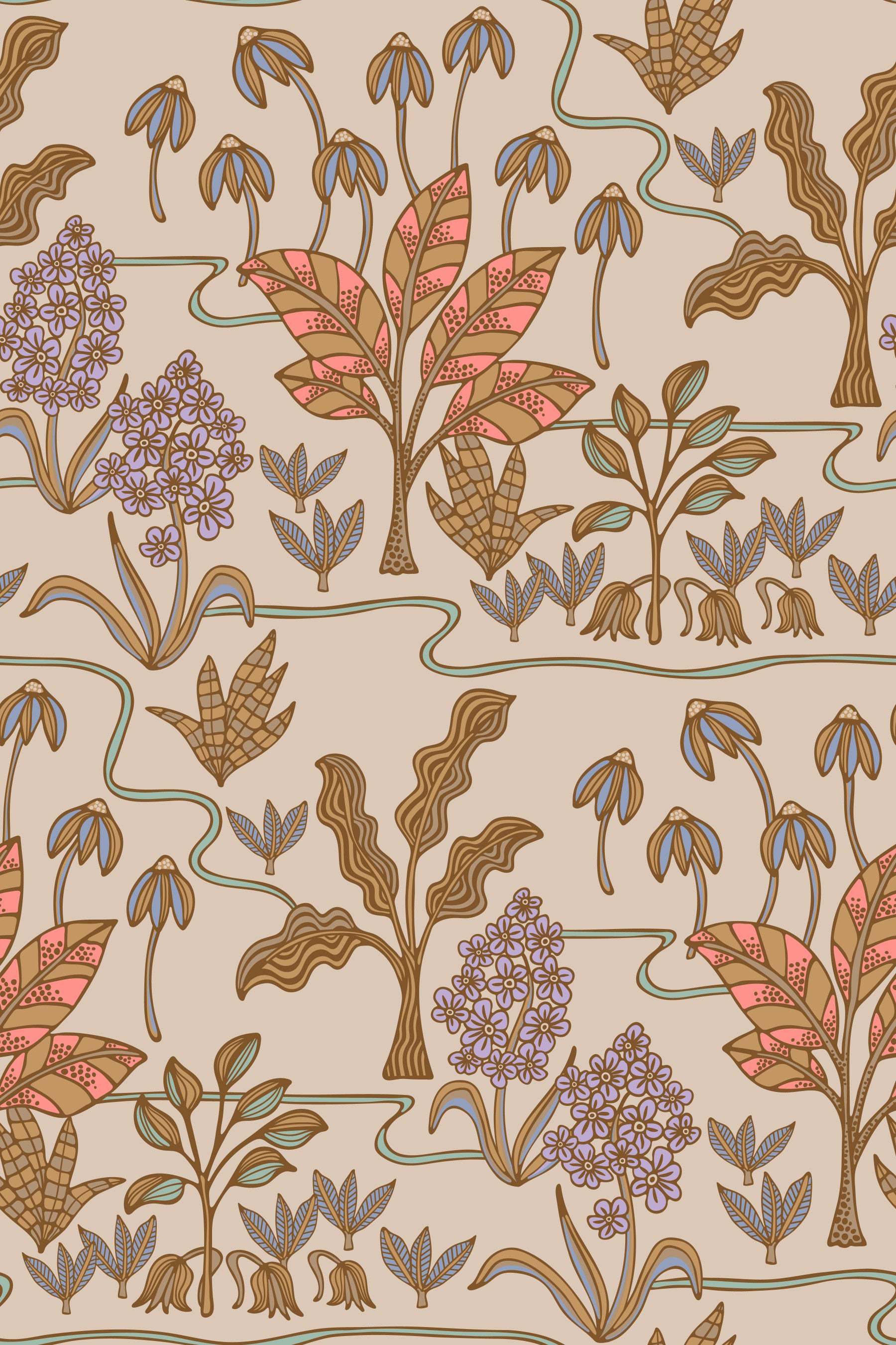 Tapetenmuster „Tropical Garden Toile“ mit bezaubernden floralen und botanischen Motiven in warmen Pastelltönen