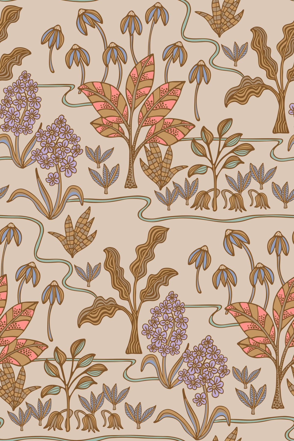 Tapetenmuster „Tropical Garden Toile“ mit bezaubernden floralen und botanischen Motiven in warmen Pastelltönen in your room — zoomed
