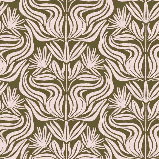 Carta da parati con motivo botanico astratto organico color oliva e rosa cipria