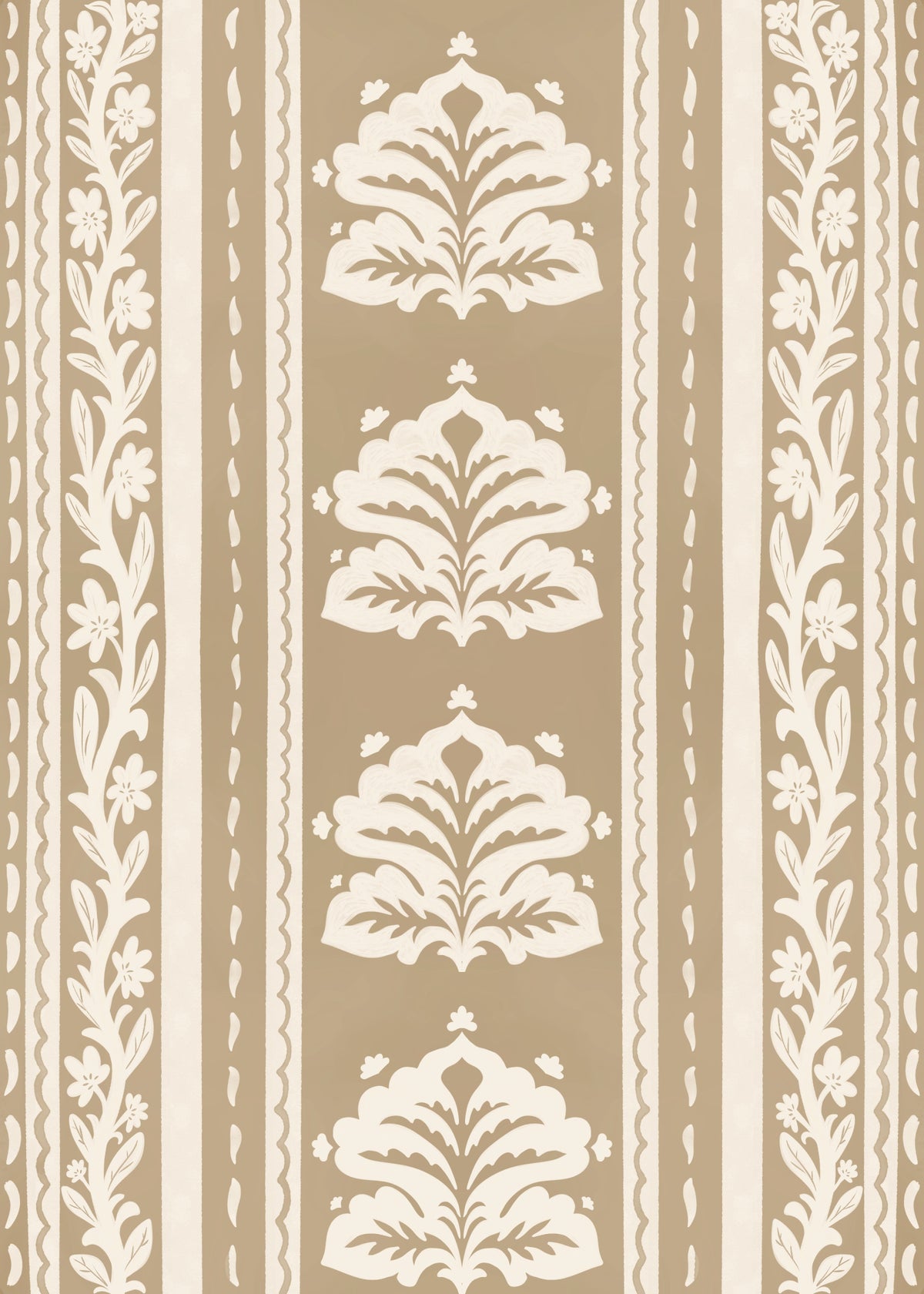 Cream and Taupe Botanical Stripe Wallpaper⁠ in your room — zoomed