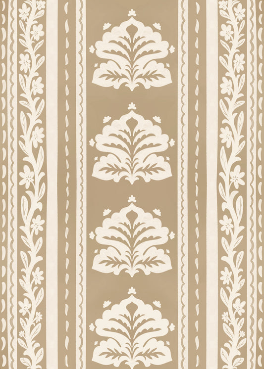 Cream and Taupe Botanical Stripe Wallpaper⁠