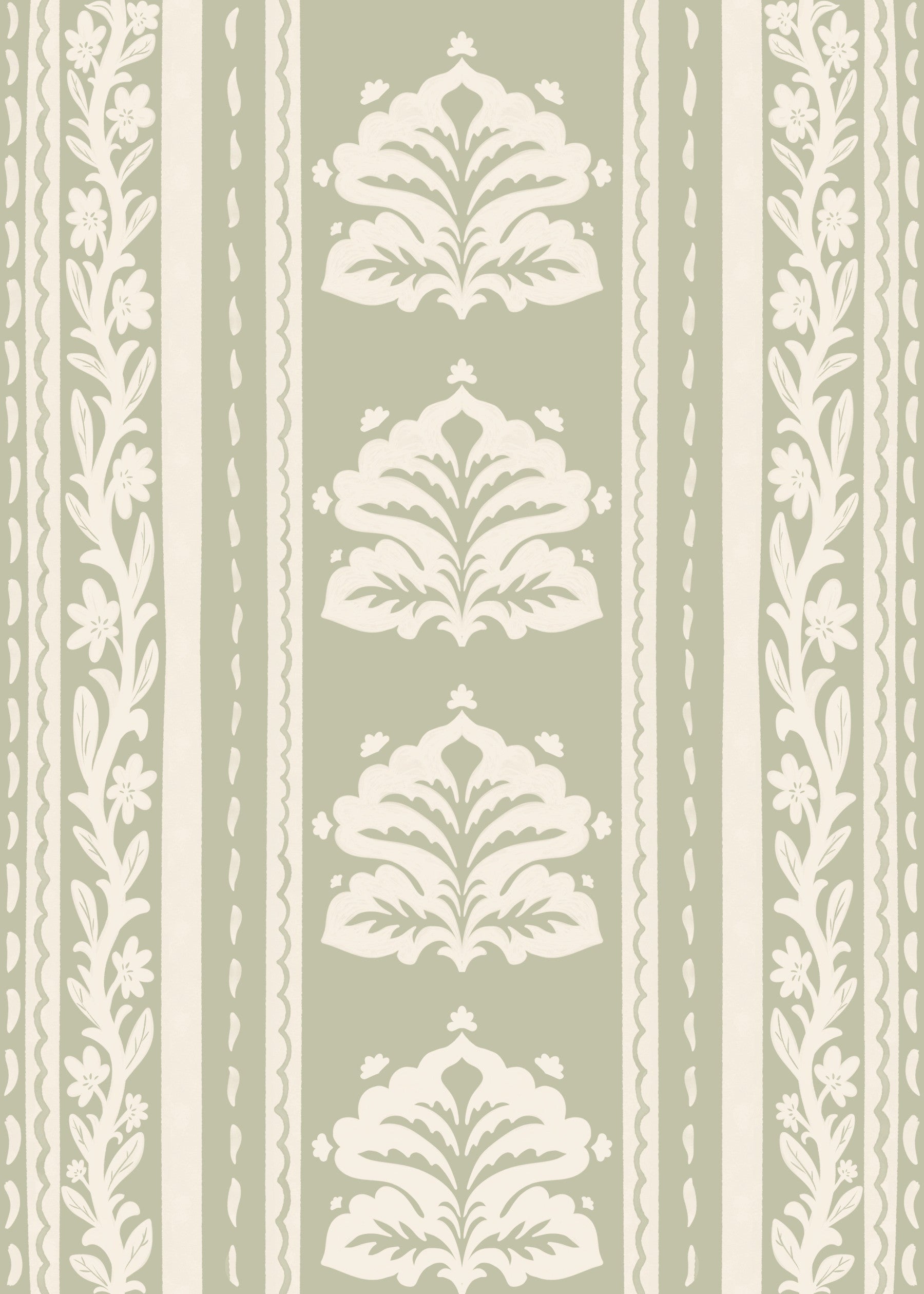 Papel de parede botânico às riscas em creme e verde-sálvia⁠