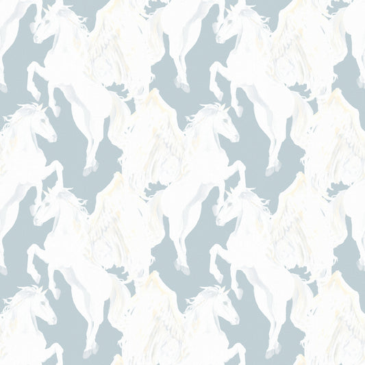 Papier peint bleu doux représentant des chevaux ailés éthérés⁠