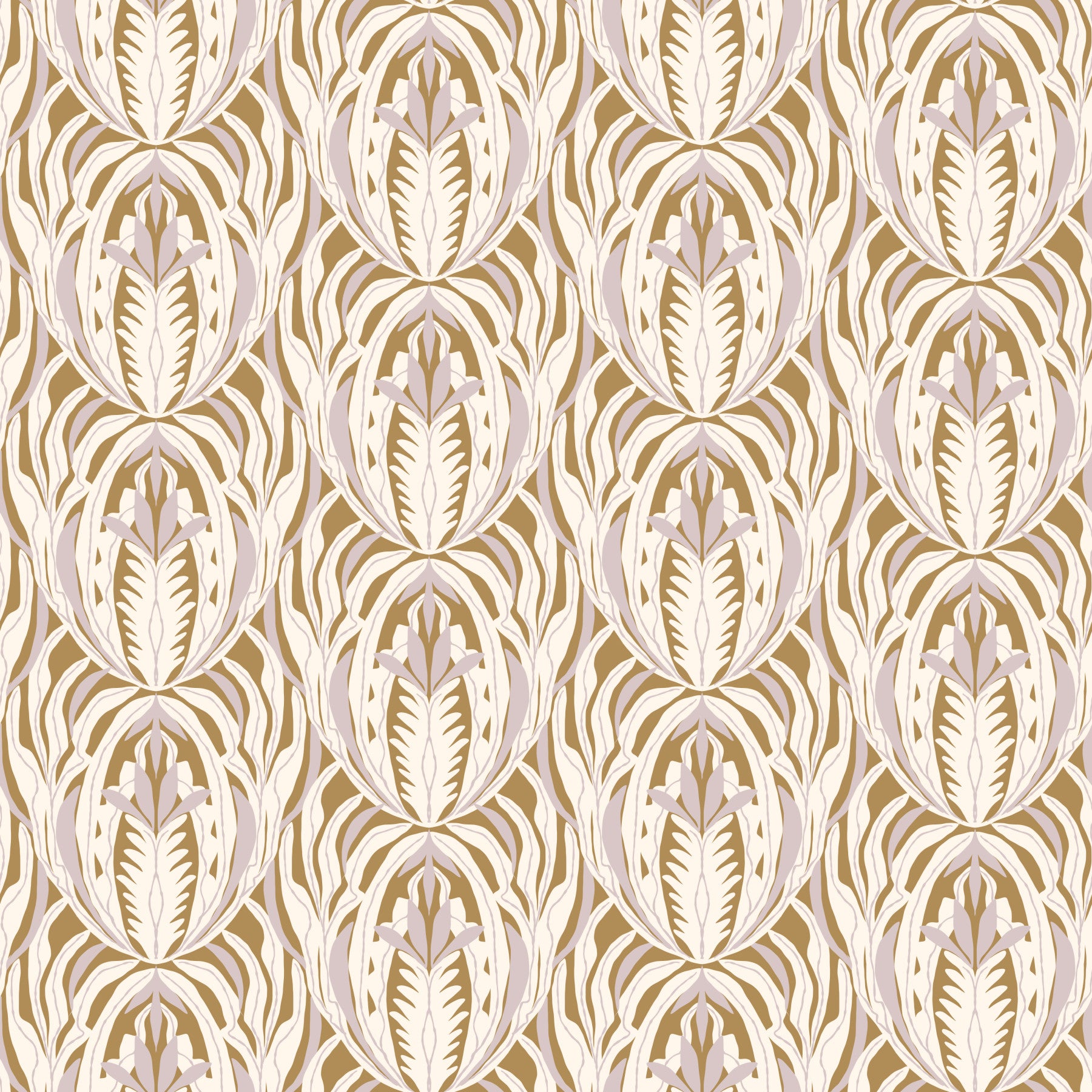Symmetrical Ochre and Cream Foliage Wallpaper⁠