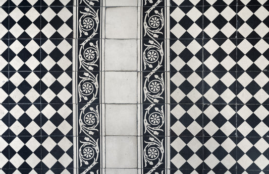 Vintage Black and White Floral Checkerboard Wall Mural