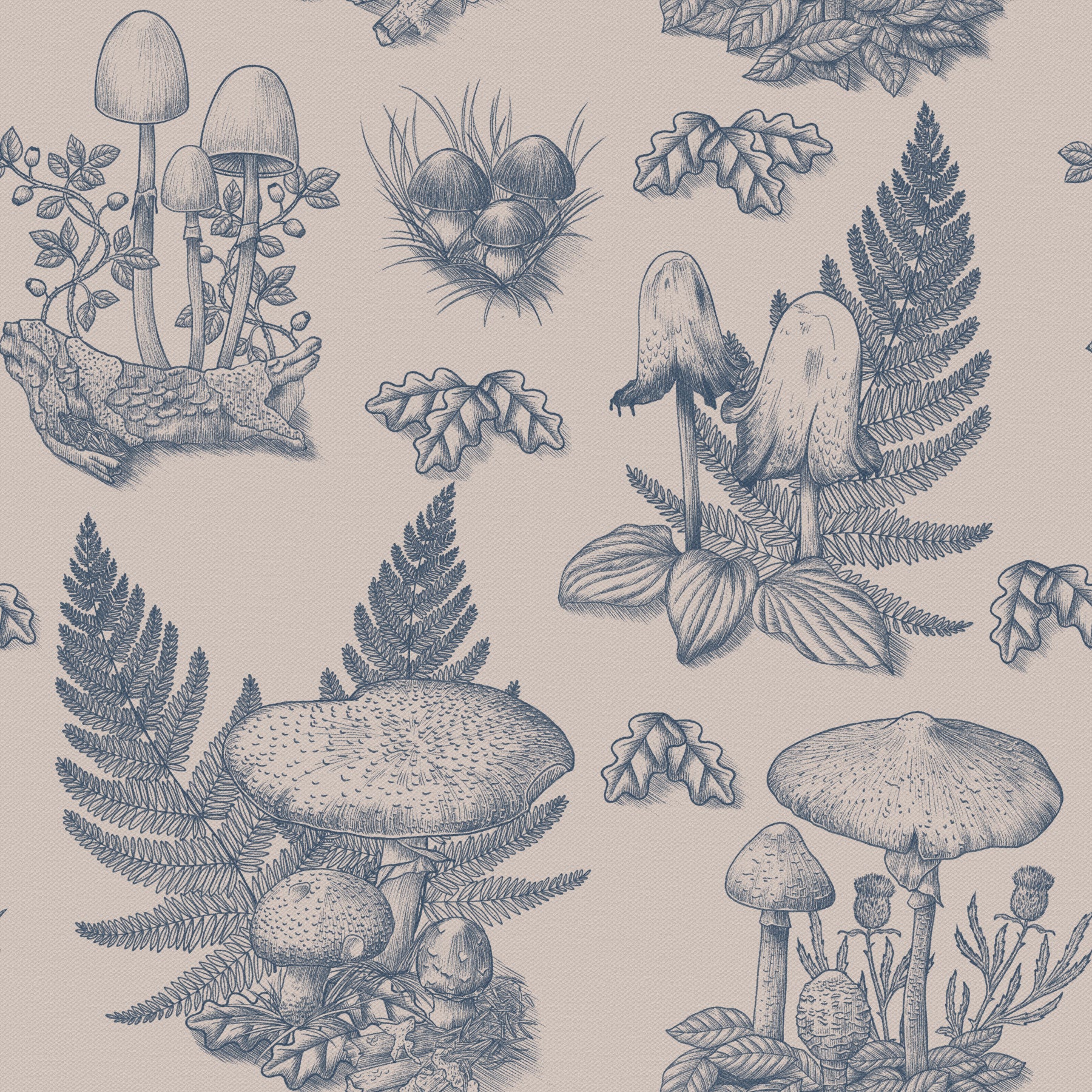 Mushroom - Autumnal Toile de jouy - Blue  Wallpaper⁠