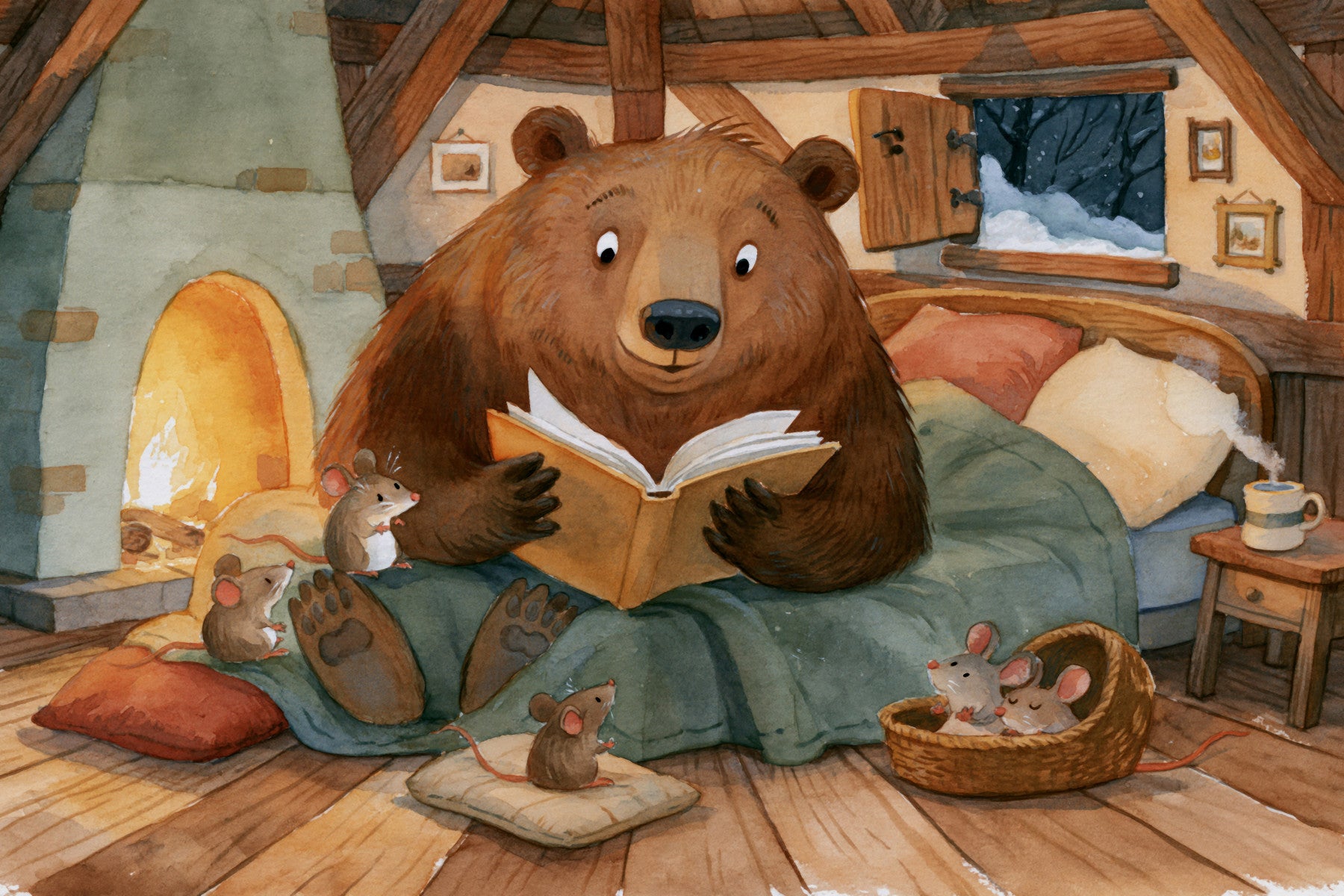 Panoramique mural scène hivernale dans une cabane avec un ours, des souris et une histoire au coin du feu en forêt
