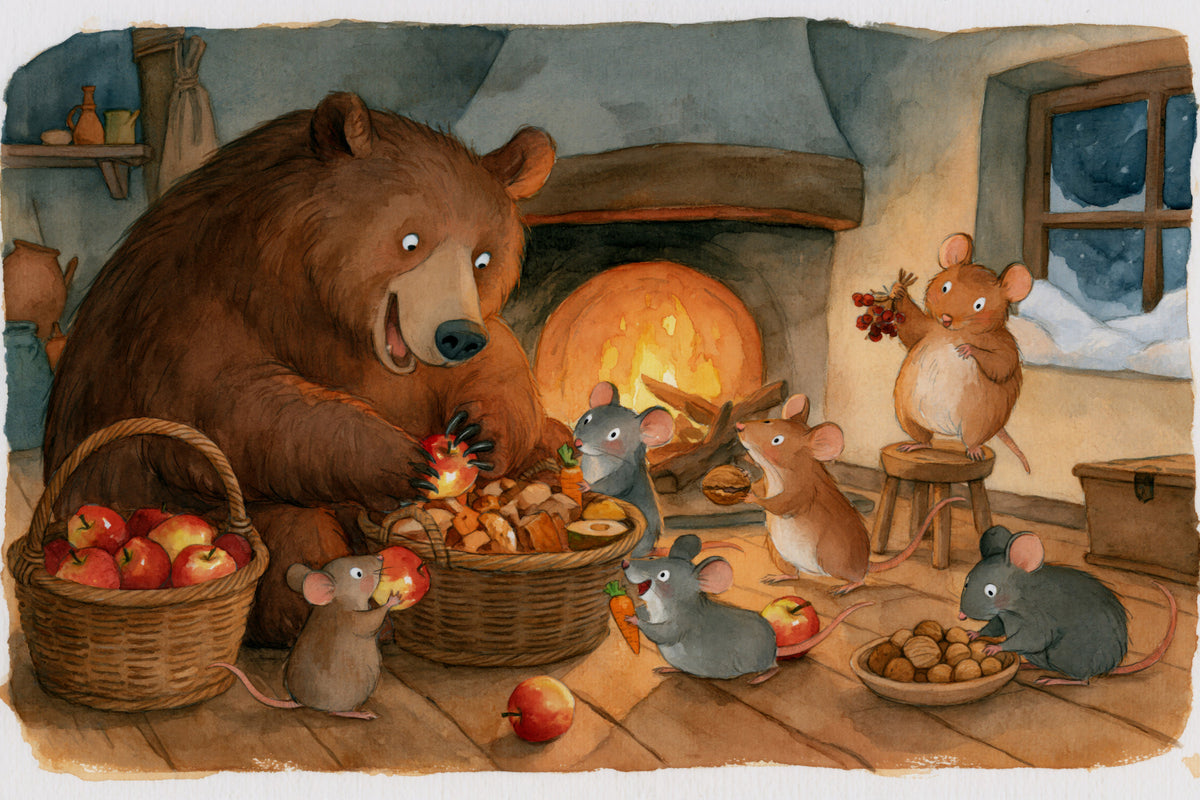 Wandbild mit Waldtieren: Bär mit Mäusen in einer gemütlichen Speisekammer eines Landhauses, Abenteuerszene in your room