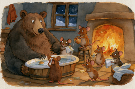 Waldtiere beim Baden: Bär mit Mäusen in einer gemütlichen Winterhüttenszene als Wandbild