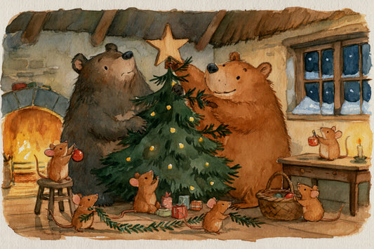 Waldtiere-Freunde: Bären schmücken einen Weihnachtsbaum mit kleinen Mäusen - Wandbild mit Geschichte