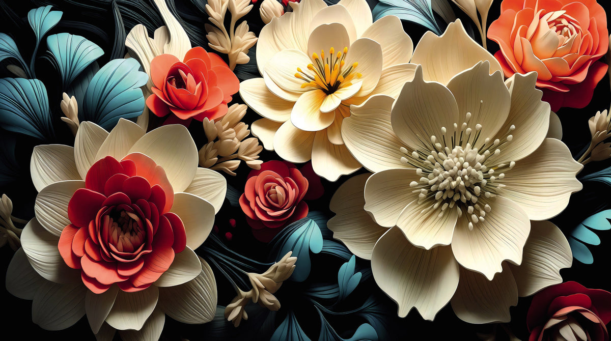 Papier peint panoramique de fleurs 3D corail et crème