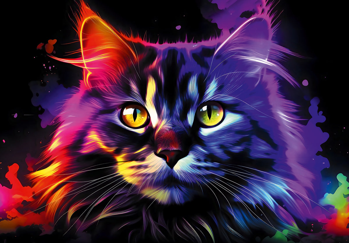 Neon-Katzenporträt-Wandbild in your room — zoomed
