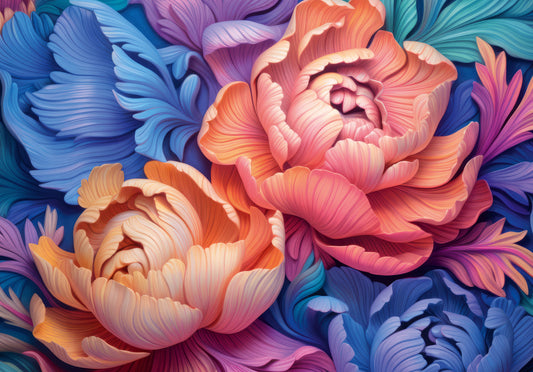 Künstlerisches Wandbild mit leuchtender Pfingstrosenblüte
