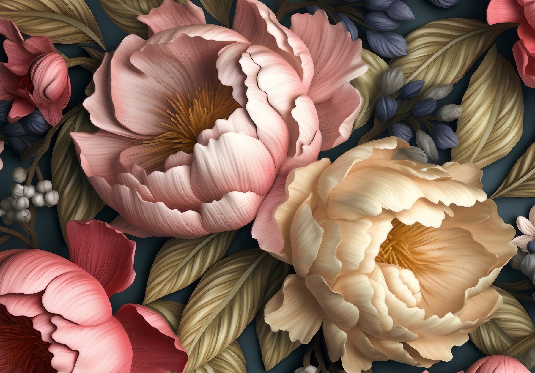 Papier peint panoramique botanique de jardin de pivoines rose poudré et crème