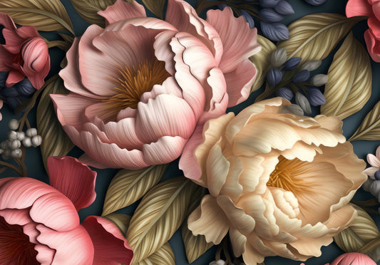 Papier peint panoramique botanique de jardin de pivoines rose poudré et crème
