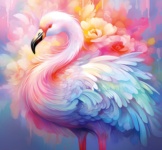 Papier peint panoramique mural représentant un flamant rose éthéré au milieu de fleurs pastel