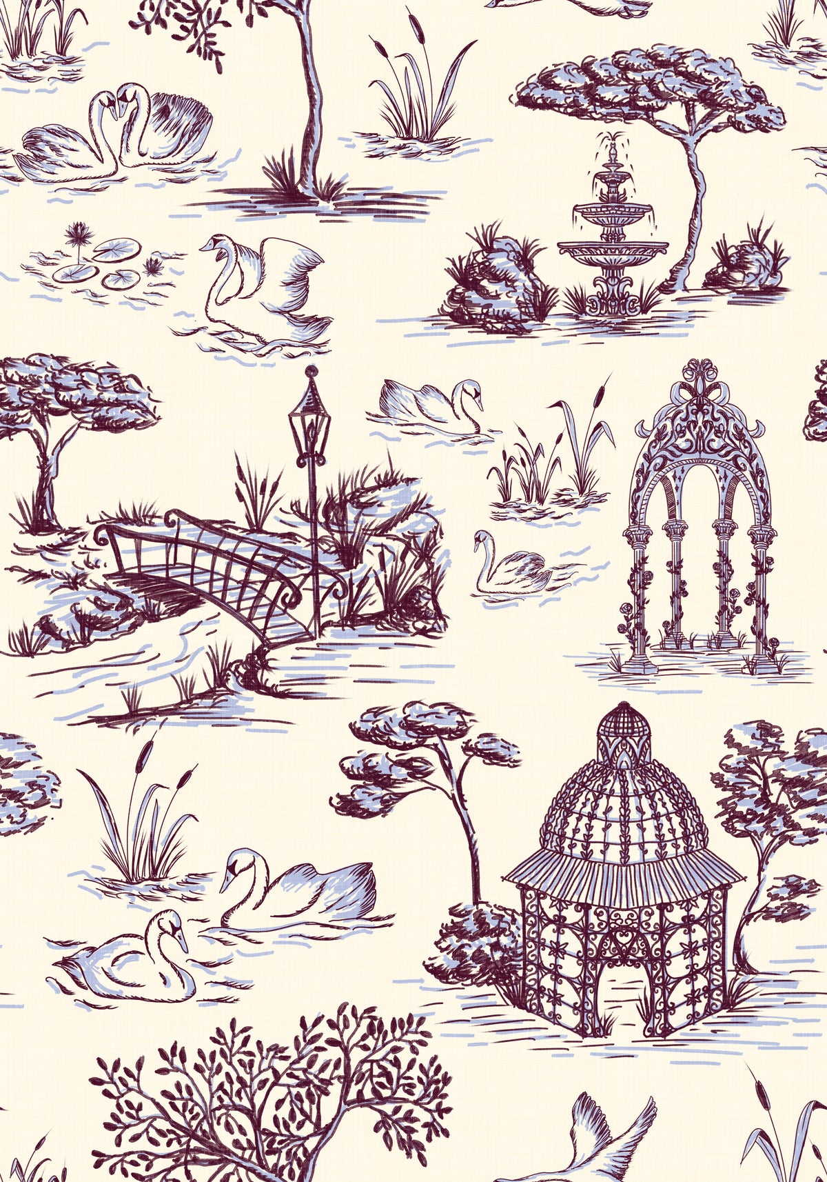 Papier peint représentant un jardin victorien avec cygne, en toile de Jouy moderne, scène contrastée inattendue in your room
