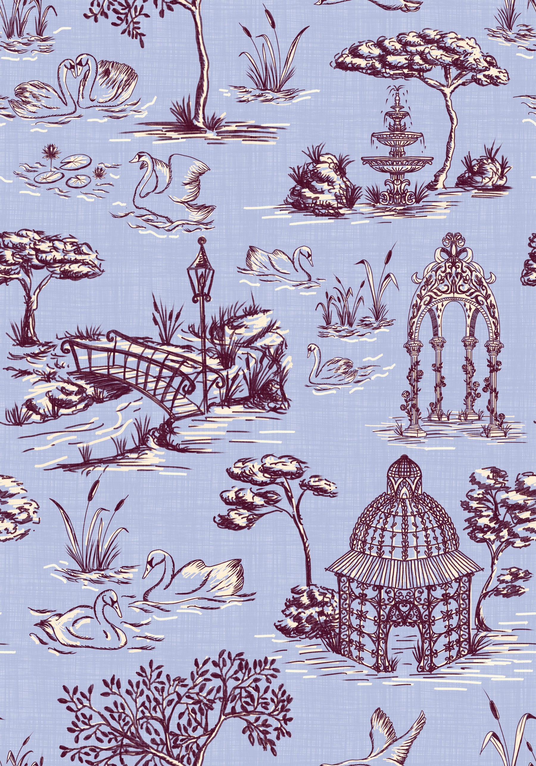Papel de parede com cenário de jardim vitoriano moderno Toile de Jouy com cisnes - contraste de tons quentes e frios