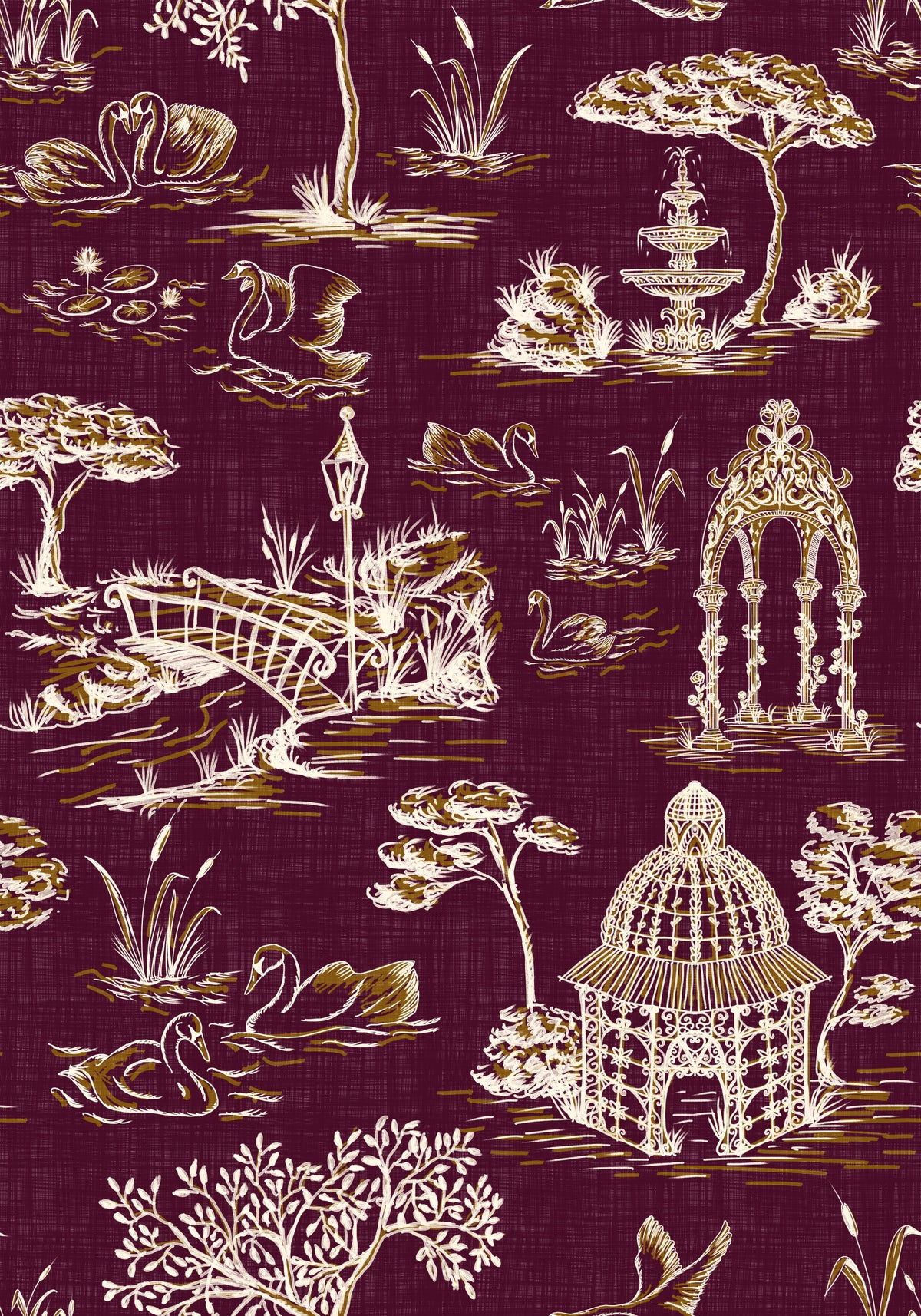 Moderne Toile-de-Jouy-Schwan-Szenerie mit viktorianischem Garten - Tapete in königlichen Juwelentönen in your room — zoomed