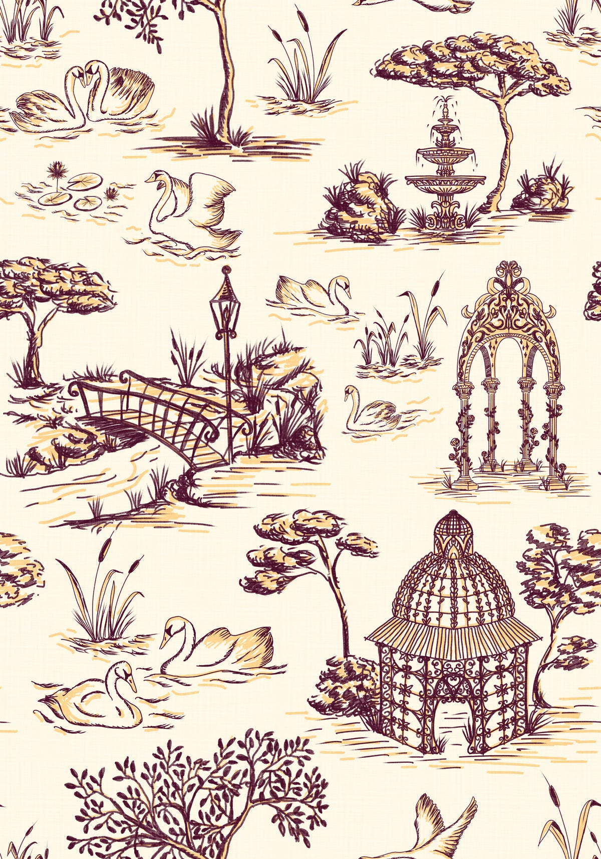 Papel de parede Modern Toile de Jouy com cisnes, cenário de jardim vitoriano - contraste intenso in your room