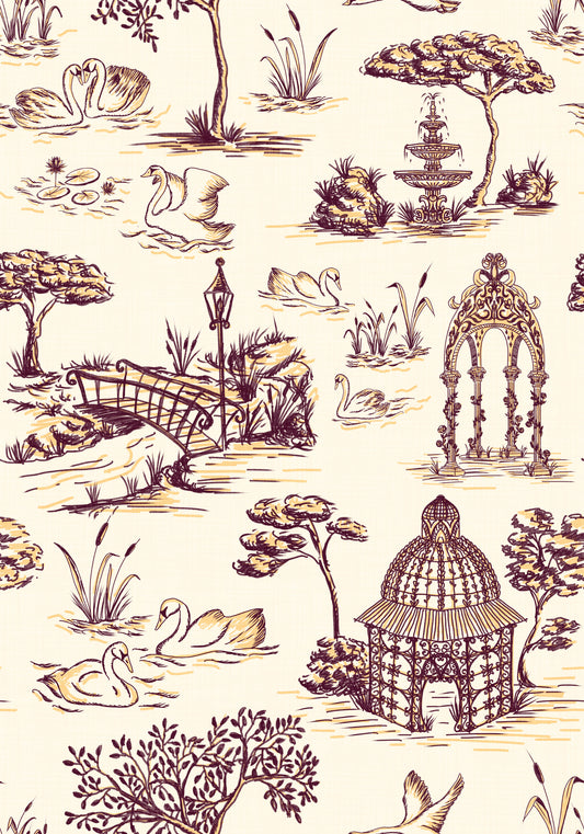 Moderne Toile-de-Jouy-Tapete mit Schwänen, viktorianischer Gartenszene und starken Kontrasten