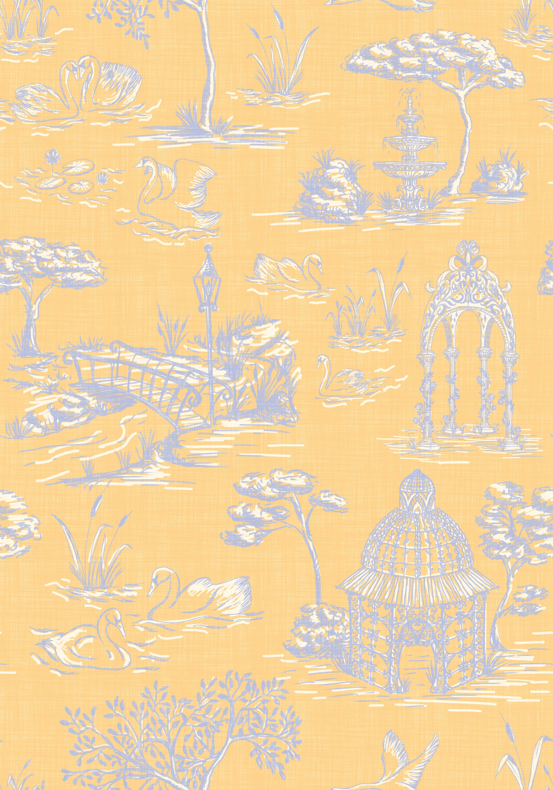 Paisaje de jardín victoriano moderno con cisnes estilo Toile de Jouy - Papel pintado moderno de contraste pastel