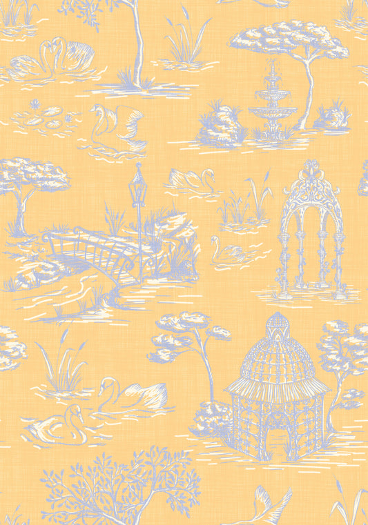 Paisaje de jardín victoriano moderno con cisnes estilo Toile de Jouy - Papel pintado moderno de contraste pastel