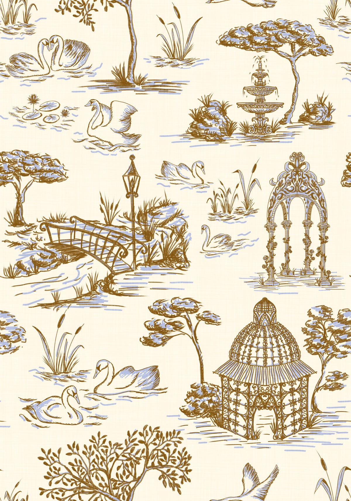 Nowoczesna scenografia wiktoriańskiego ogrodu z łabędziem w stylu Toile de Jouy - tapeta z pozłacanym kontrastem in your room