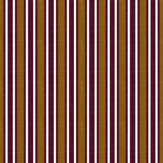 Carta da parati a righe verticali effetto lino Ivy League - bordeaux, senape e crema