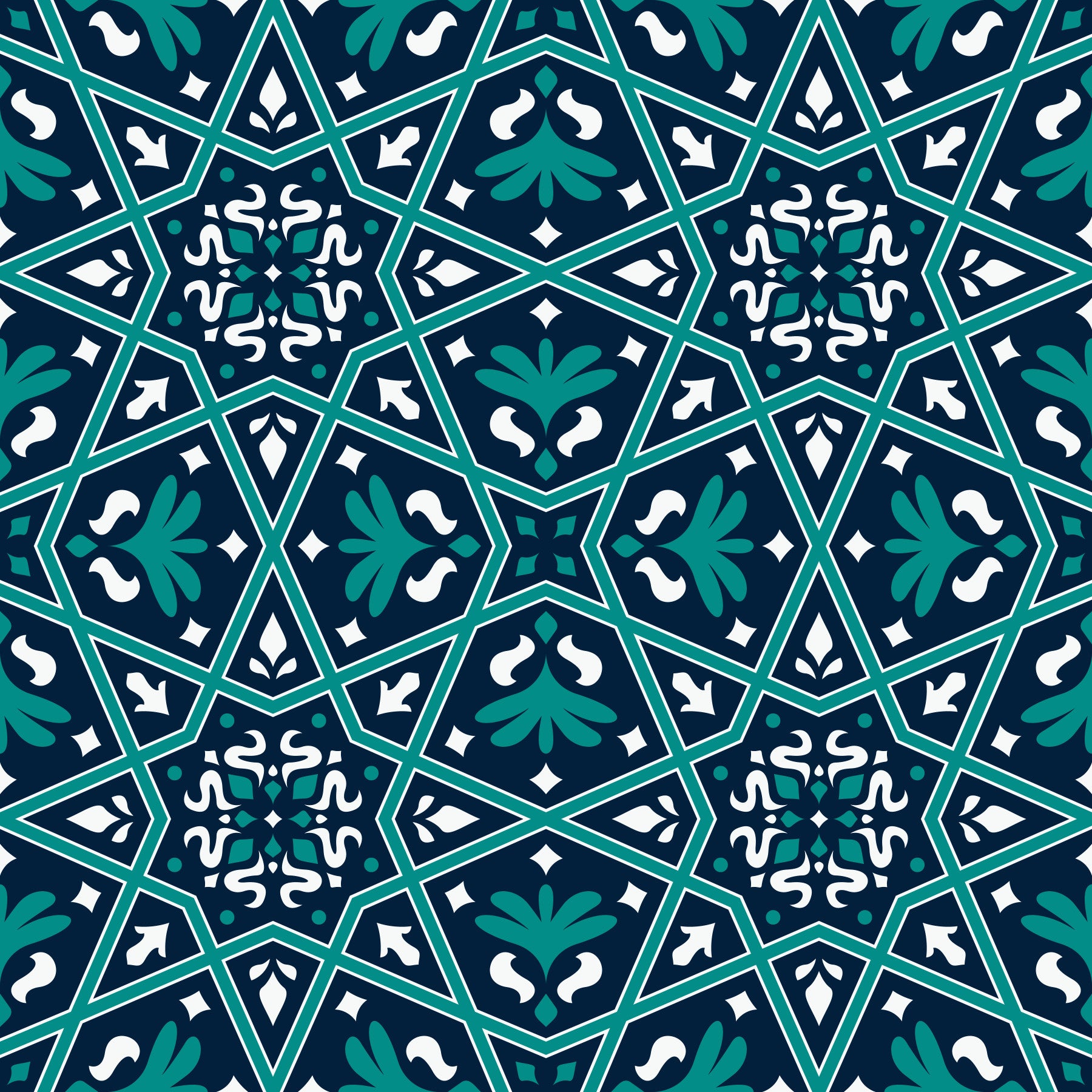 Tapeta w geometryczny wzór gwiaździstych płytek w kolorze granatowego turkusu