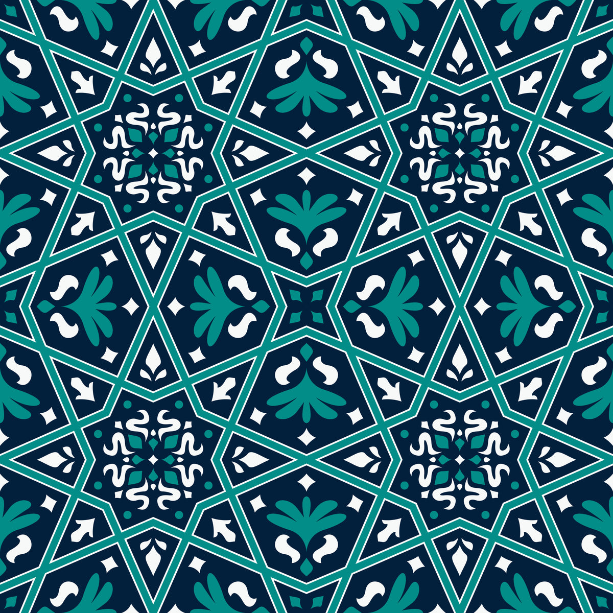Tapeta w geometryczny wzór gwiaździstych płytek w kolorze granatowego turkusu in your room — zoomed