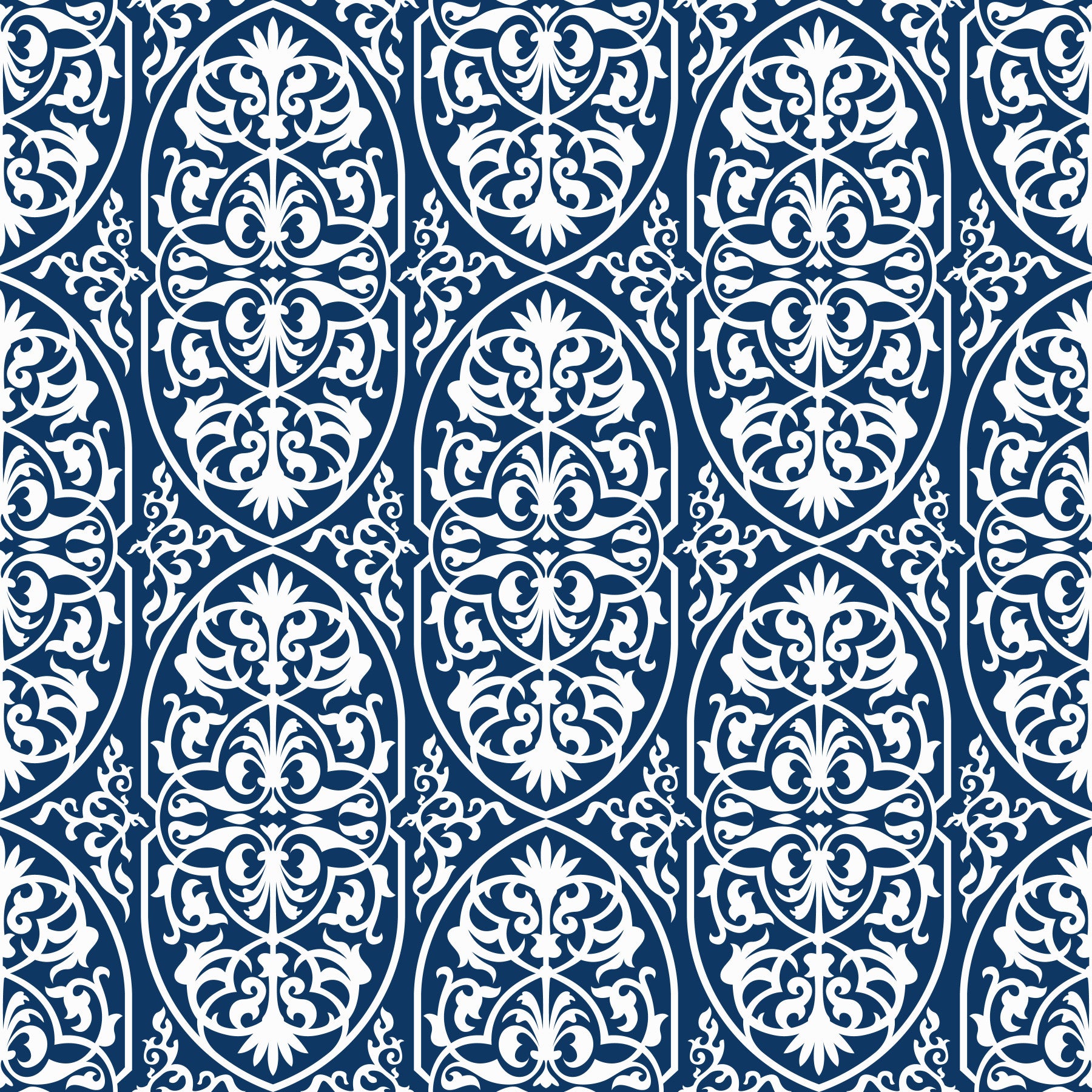 Carta da parati con motivo a volute damascate color mezzanotte